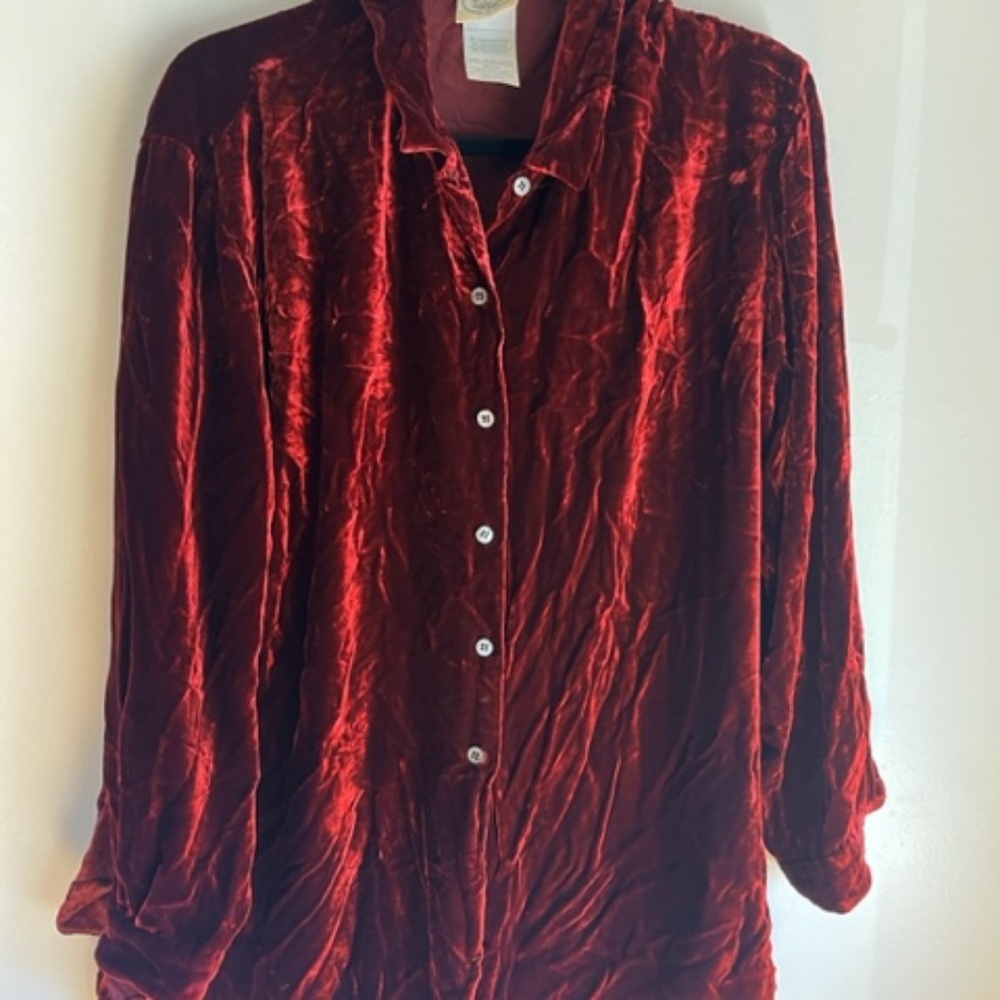 Laura Ashley Cranberry Red Silk Viscose Velvet Button Front Blouse Shirt Top M